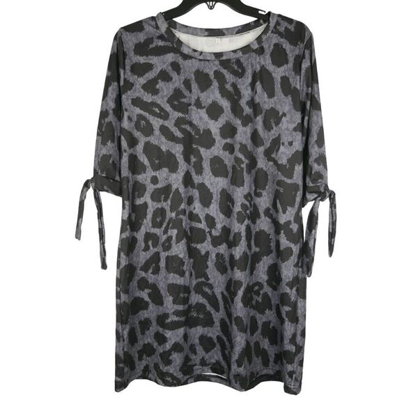 Women's Gray & Black Leopard Print Tie-cuff Top XXL - Picture 1 of 8